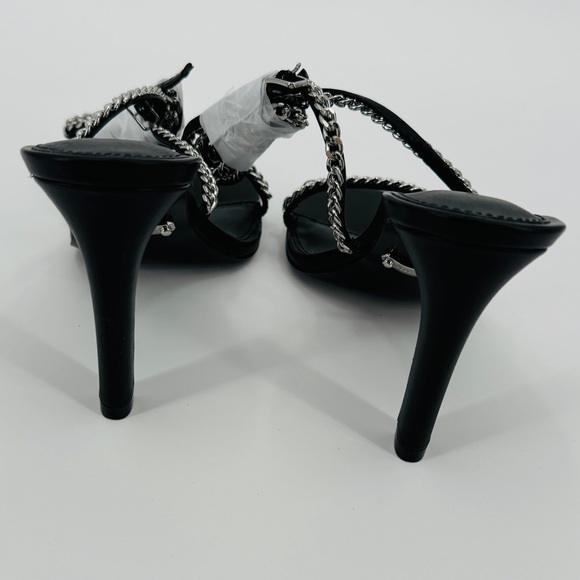 Rebecca Minkoff Edie Chain Strappy Black Heels Size 7.5 Leather Square Toe - Picture 4 of 11